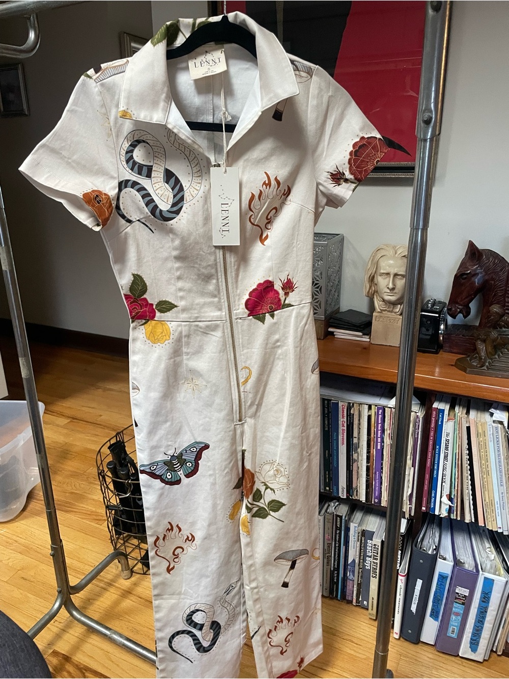 LENNY White Zip-Front Printed Short-Sleeve Jumpsuit